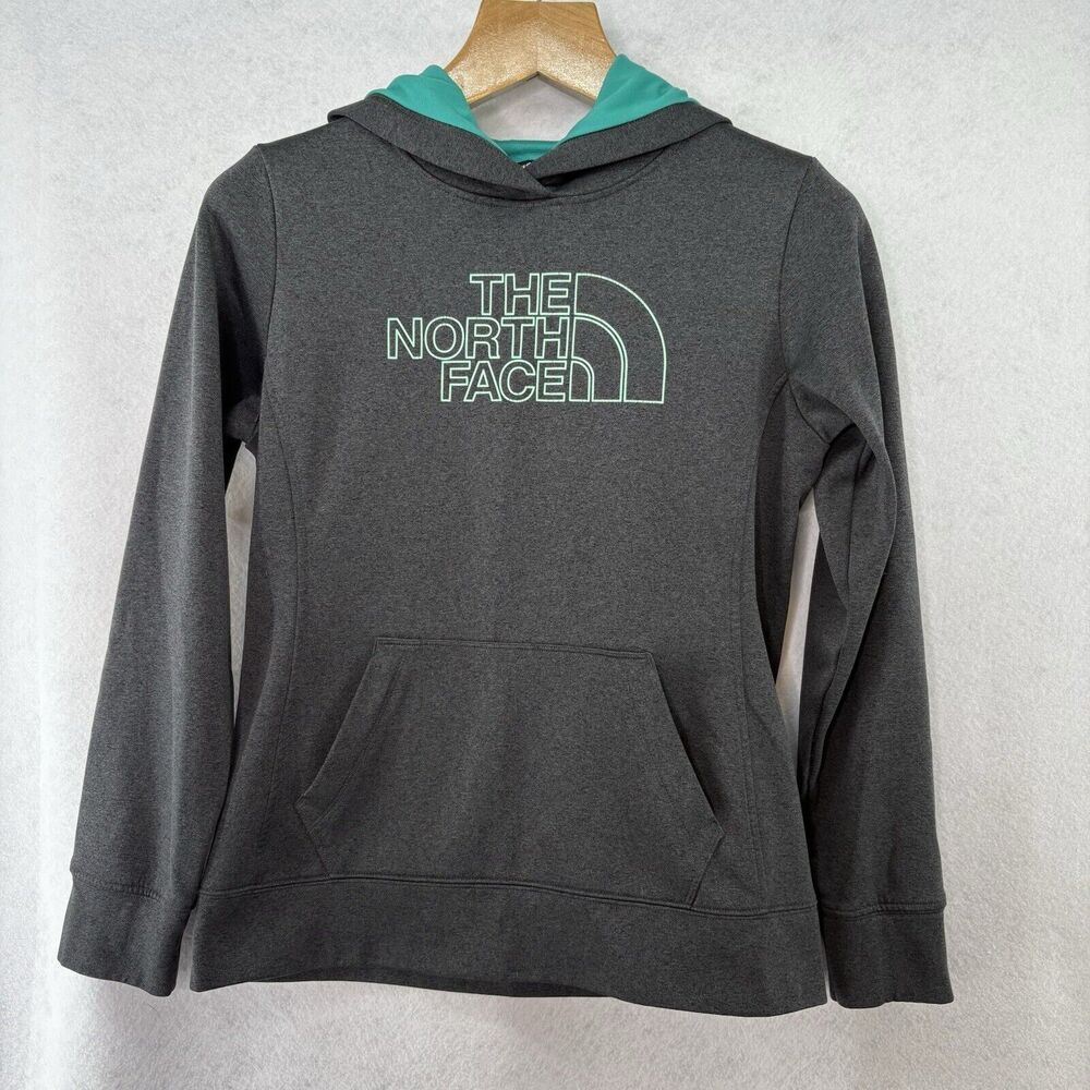 THE NORTH FACE Women’s Charcoal Gray Hoodie With Green Logo Lined Hood Sz‎ M